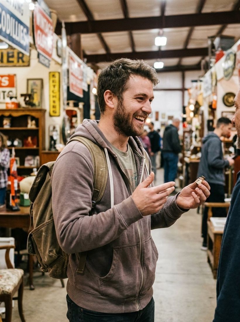 A man laughing while browsing in an antique shop