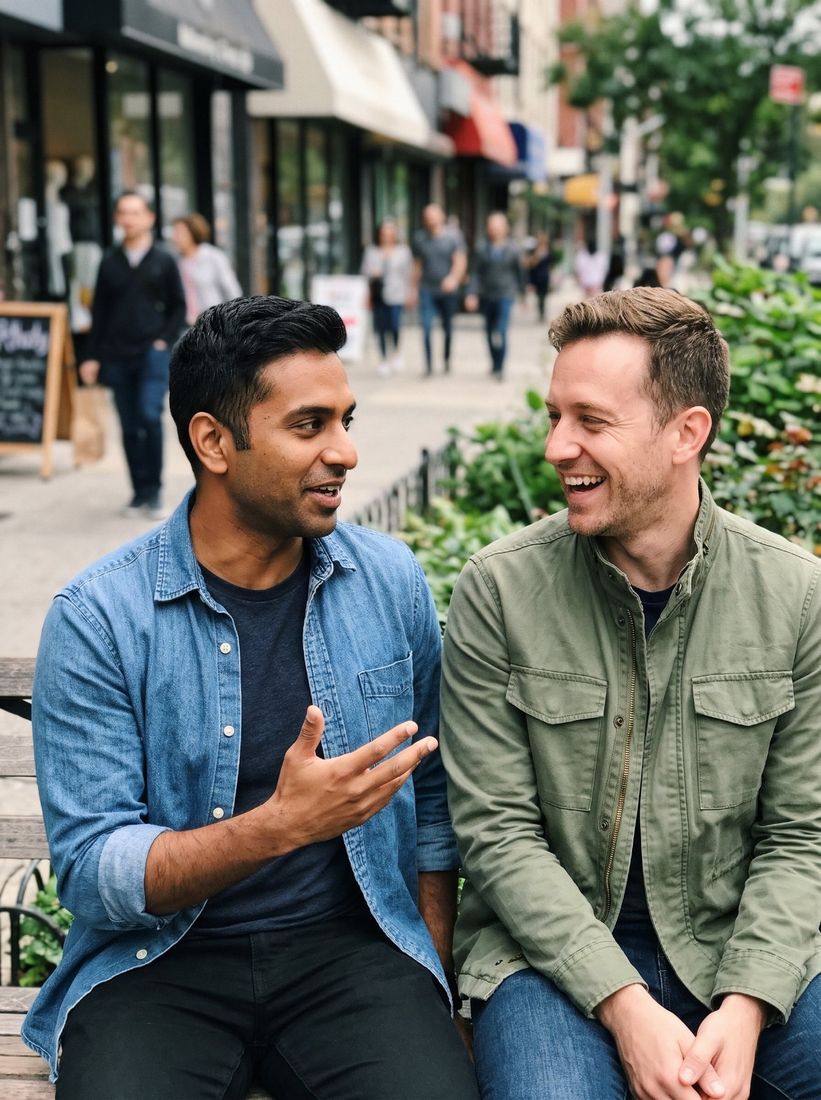 Two men talking and laughing together on a city sidewalk
